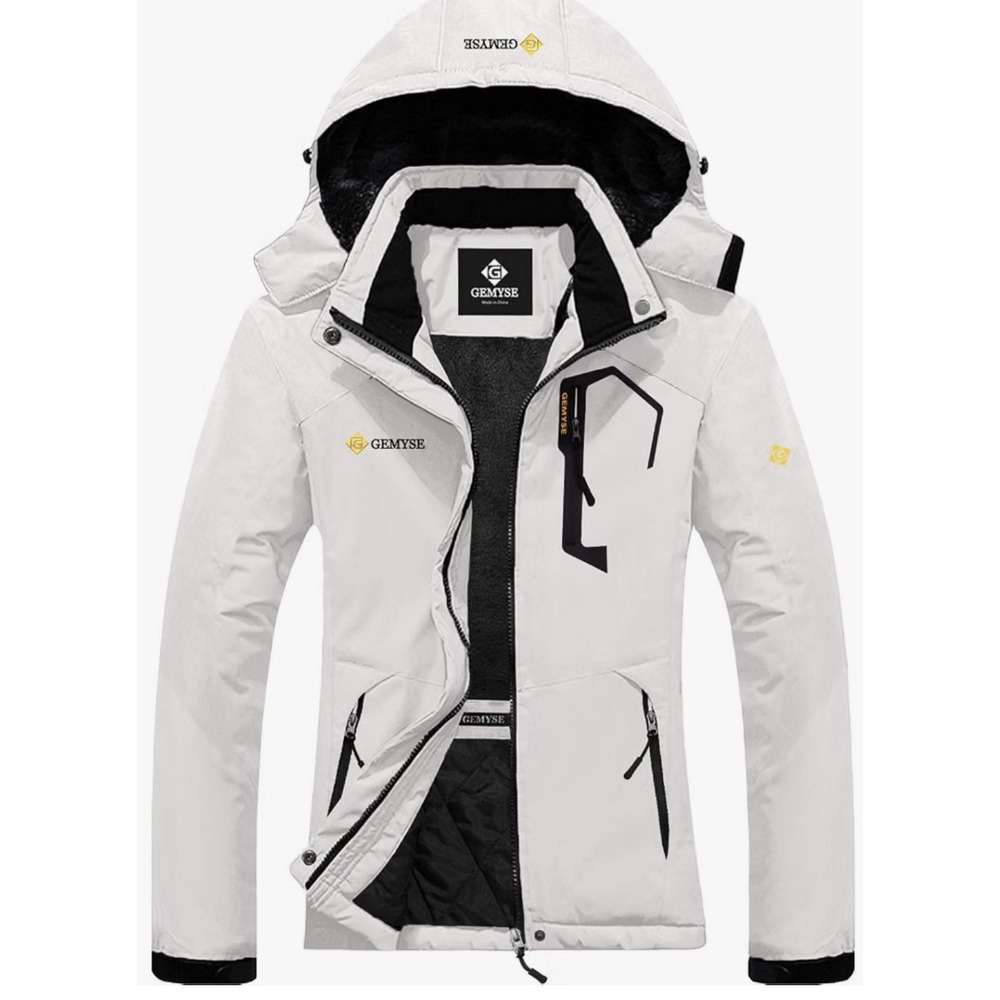 GEMYSE Womens Waterproof Ski Jacket Warm Winter Coat White 3XL Detachable Hood